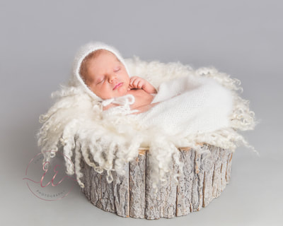 Newborn baby photoshoot, inside a bark prop. Newborn photography in St Neots, Huntingdon, Cambridgeshire